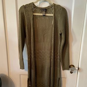 Long olive open cardigan sweater